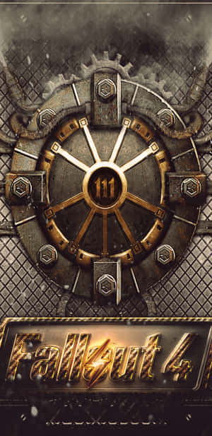 Fallout 4金庫門，在黑暗的工業環境中帶有發光的數字111和機械齒輪。 — Galaxy S10 壁紙