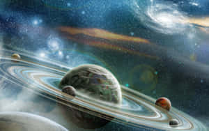 一個帶有衛星的環狀行星在星系和恆星之間運行，呈現出充滿活力的宇宙場景。