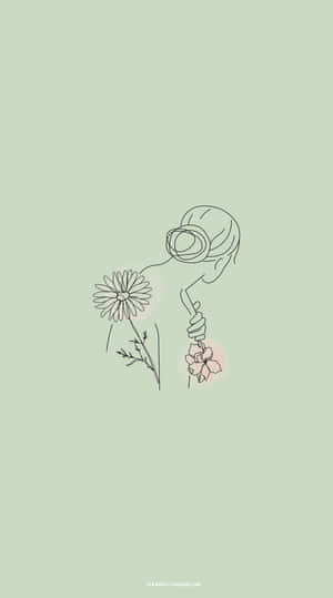 以簡約線條藝術風格描繪一個人手持兩朵花。