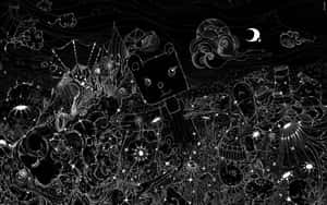 一個微笑的方塊生物，在奇幻的黑白風景中，伴隨著星星和雲朵。