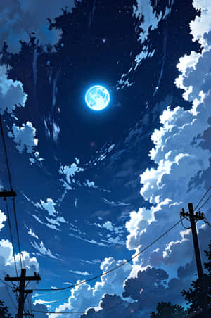 藍月亮在夜間穿過雲層照耀在電線和樹木之上 — 星星 壁紙