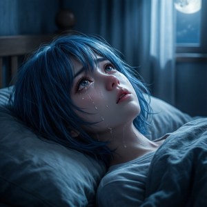 藍髮動漫女孩在月光下床上哭泣，帶有淚痕。