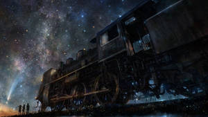 在星空下，人們的剪影站在一輛復古蒸汽火車旁，伴隨著一顆發光的彗星。