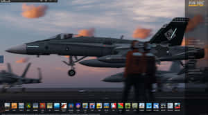 日落時分航空母艦甲板上的F/A-18C大黃蜂戰鬥機及機組人員。 — 月色夜空 壁紙