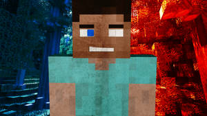 Minecraft角色在夜晚被森林和地獄環境分隔。 — 我的世界 壁紙