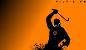 Half-Life 角色剪影，手持撬棍，背景為橙色漸變。