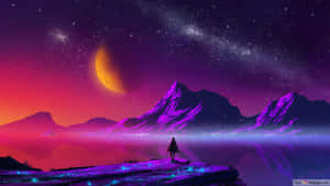 一個人站在發光的懸崖上，看著星空下紫色山脈和一彎新月。