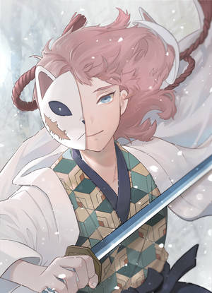 粉紅髮和狐狸面具的動漫角色在雪中持劍