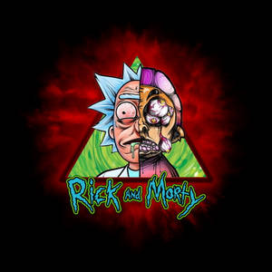 Rick and Morty 卡通角色分裂的臉在發光三角形中，背景為紅色和綠色。