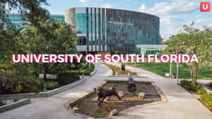 南佛羅里達大學校園，噴泉中的公牛雕像和現代建築。 — 學校 壁紙