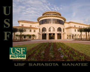 USF Sarasota Manatee 校友樓，日落時分，棕櫚樹和花壇環繞。