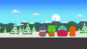 四個卡通小孩穿著冬季服裝，看著帶有摩天輪標誌的雪山。