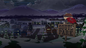 穿著紅色斗篷的卡通人物在South Park標誌上俯瞰夜晚雪鎮。