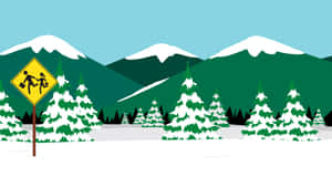 雪地松林與綠色山脈中的黃色行人過路標誌