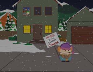 卡通小孩在夜晚的雪地庭院中舉著「Honk if you support Canada」牌子。