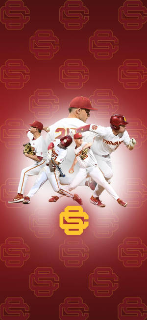 USC Trojans 棒球運動員在紅色背景上移動，帶有球隊標誌。 — iPhone 17 Pro 壁紙