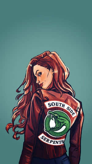 身穿棕色外套、帶有綠色蛇標誌的女性，文字為「South Side Serpents」。