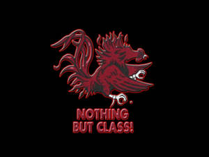 深紅色公雞吉祥物，白色爪子和喙，文字nothing but class!