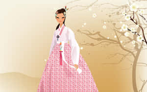 穿著傳統粉紅色韓服的女士在春天站在櫻花樹旁。