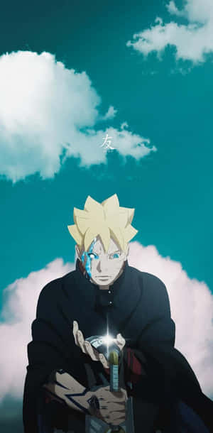 動漫角色博人手持發光的劍，背景是青藍色的天空和白雲。
