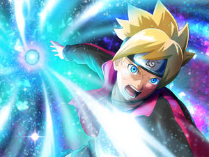 Boruto Naruto Next Generations 在太空中發射發光的藍色查克拉攻擊。