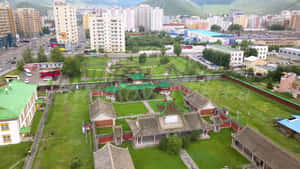 傳統中式寺廟建築群，被綠草和現代城市建築環繞。
