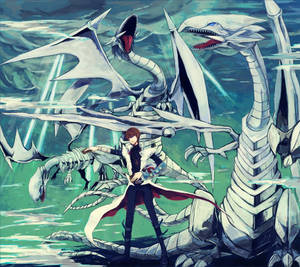 動漫英雄在暴風雨的藍綠色水域中面對巨大的骷髏龍。 — 日本龍動畫 壁紙