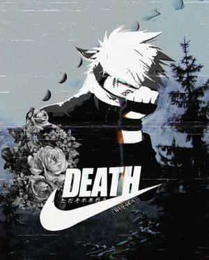 白發動漫角色手持玫瑰，旁邊是帶有death字樣的Nike標誌。