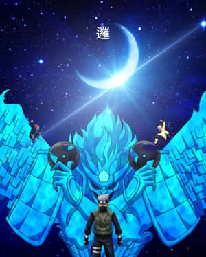 忍者在彎月和星空下面對巨大的藍色查克拉野獸