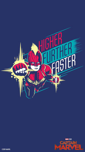 Captain Marvel 向前猛擊，發光的拳頭，文字 higher further faster。