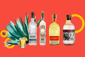 五個龍舌蘭酒瓶和一株龍舌蘭植物在紅色背景上，帶有黃色圓圈。