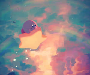 粉紅色 Kirby 騎住發光星星穿過色彩繽紛嘅夢幻天空，有柔軟雲朵同星星。