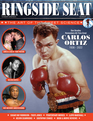復古拳擊雜誌封面，向 Carlos Ortiz 致敬，包含拳手肖像和粗體標題。 — 運動 壁紙