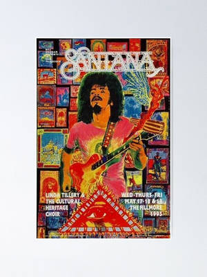 一張 Santana 的迷幻演唱會海報，特色是吉他手手持火焰吉他。