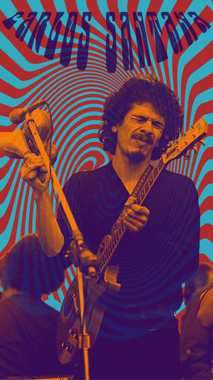 Carlos Santana 在舞台上彈奏電結他，背景是漩渦迷幻風格。