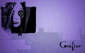 紫色垃圾風格插圖，一個鬼臉，眼睛是鑰匙，標題Coraline。 — 淡紫色 壁紙