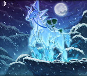 冰屬性寶可夢站在雪崖上，滿月之下 — 插畫 壁紙