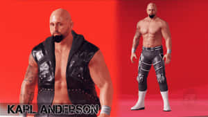 摔角手 Karl Anderson 身穿黑色皮背心和摔角緊身褲，背景為紅色。 — 拼貼 GIF 壁紙