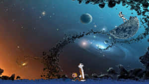 卡爾文和霍布斯在小行星上觀看帶有星系和太空碎片的宇宙場景。 — 卡爾文與霍布斯 壁紙