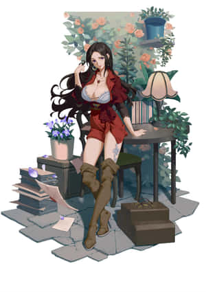 身穿紅色服裝的動漫女性坐在書桌旁，周圍有鮮花和書籍。 — OnePlus Pad 壁紙