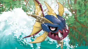一隻藍色和金色的魚寶可夢，帶著鋒利的牙齒和憤怒的眼睛，跳過飛濺的水花。 — 咒術回戰 壁紙