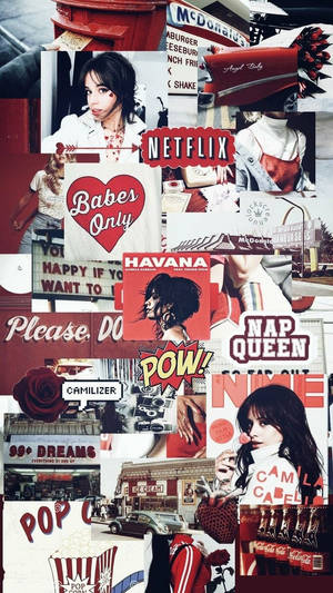 流行文化拼貼畫， featuring Camila Cabello、Netflix、麥當勞和復古美式風格。
