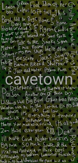 綠色像素化背景，帶有白色手寫的 Cavetown 歌曲標題和歌詞。