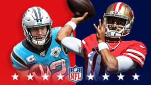 兩位NFL四分衛戴著頭盔、穿著制服，準備擲球。