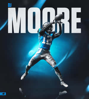 美式足球員 DJ Moore 在半空中接球，帶有藍色燈光效果。