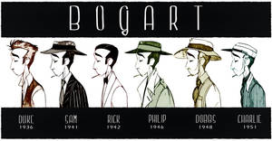 Humphrey Bogart 六個不同角色的插圖肖像，下方附有姓名和年份。