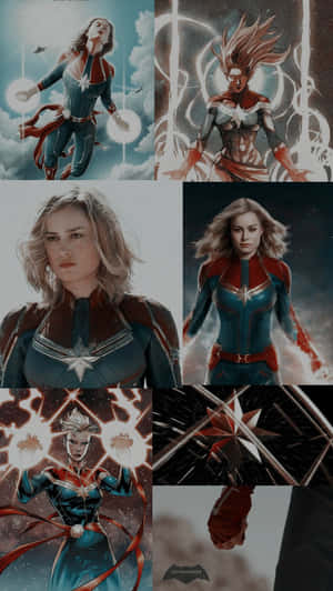 Captain Marvel 以各種超級英雄姿勢展現宇宙能量和星星圖案。 — 驚奇少女 壁紙