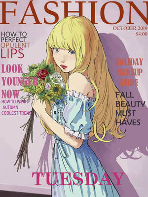 藍裙動漫女孩在時尚雜誌封面上手持鮮花。