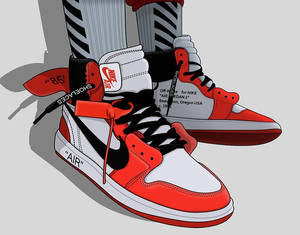 紅、白、黑色的Nike Air Jordan 1運動鞋，帶有Off White品牌標誌和條紋襪子。