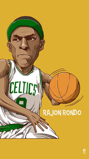 身穿塞爾特人球衣的卡通籃球運動員 Rajon Rondo 正在運球。 — 卡通史提芬居里 壁紙